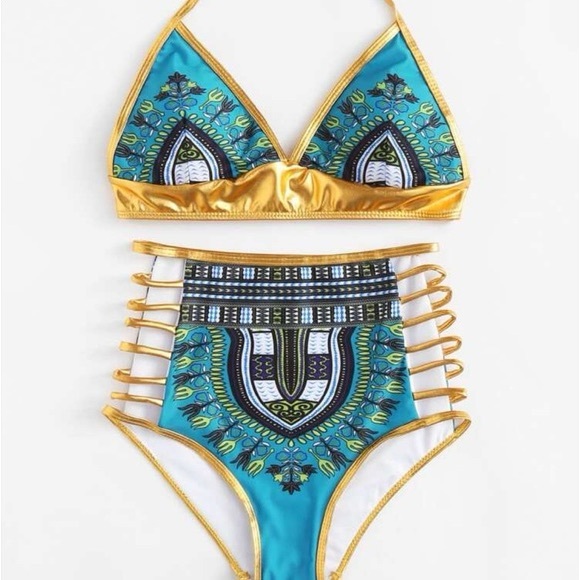 N/A Other - 5for$10 Teal Blue And Gold High Waisted Bikini Swimsuit Aztec Extra Large NWOT